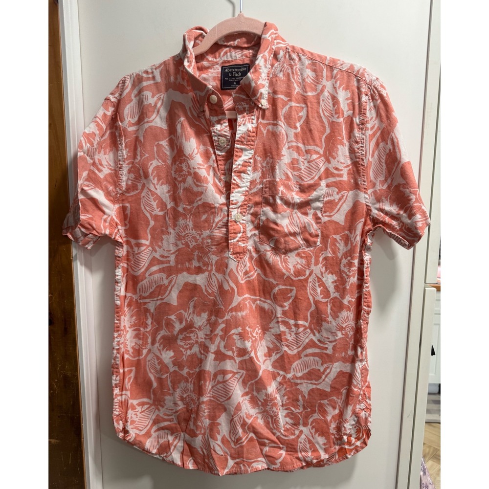Abercrombie & Fitch Mens Coral Floral Hibiscus Popover Shirt Short Sleeve M